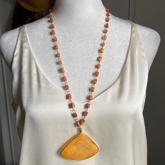 Handcrafted Azeztulite Stone Bead Necklace with Etched Pendant Centerpiece - Picture 2 of 5